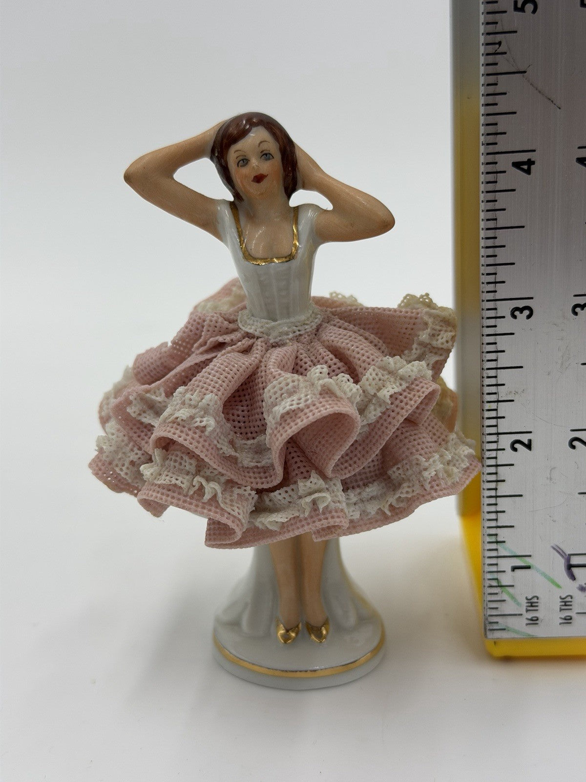 Vintage Dresden Porcelain Lace Victorian Lady Figurine Pink Dress 4” Germany