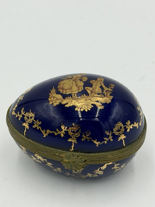Limoges France Cobalt Blue Gold Courting Couple Porcelain Egg Trinket Box