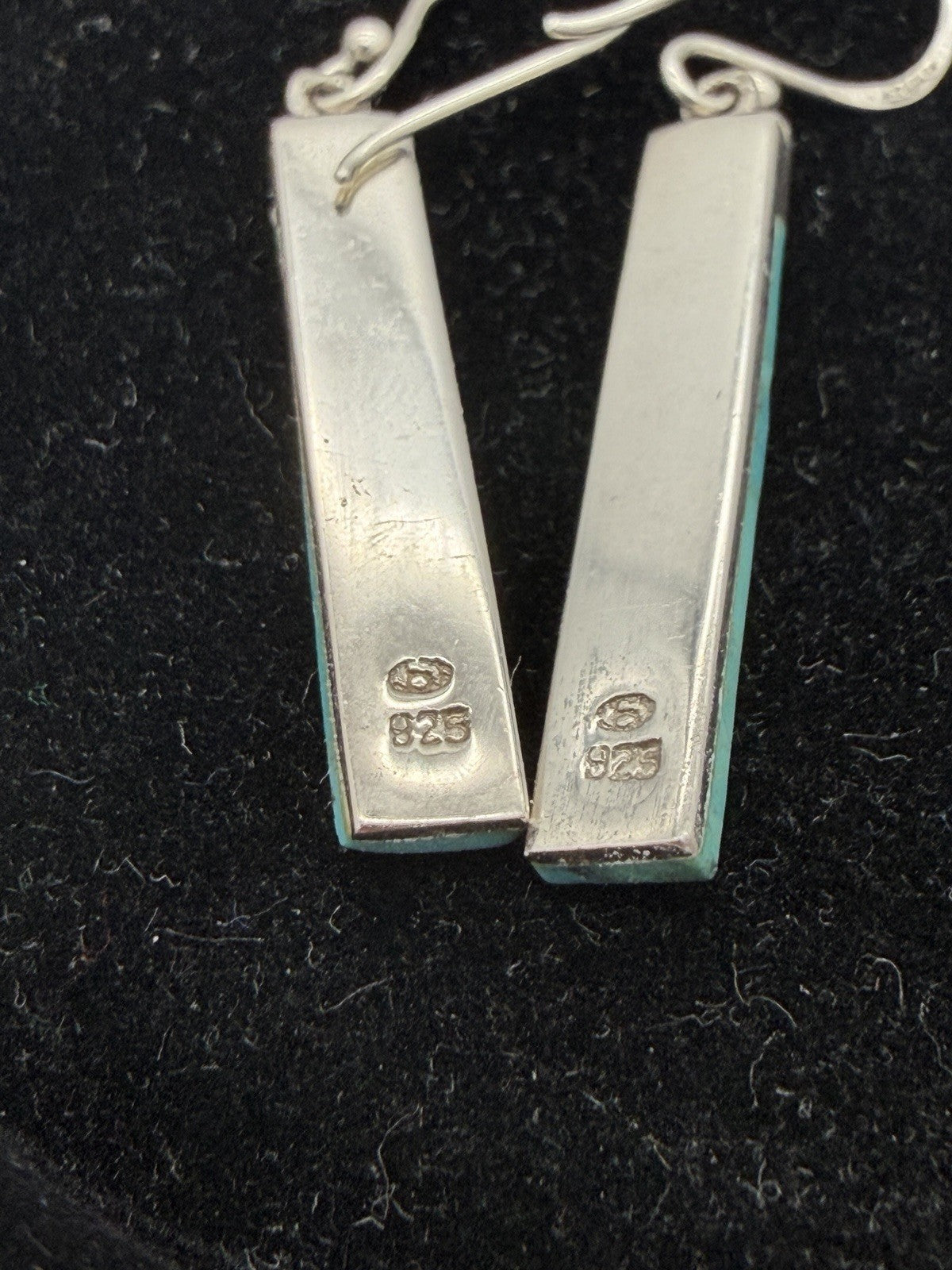 Sterling silver dangle earrings slender rectangular turquoise stone drops 925