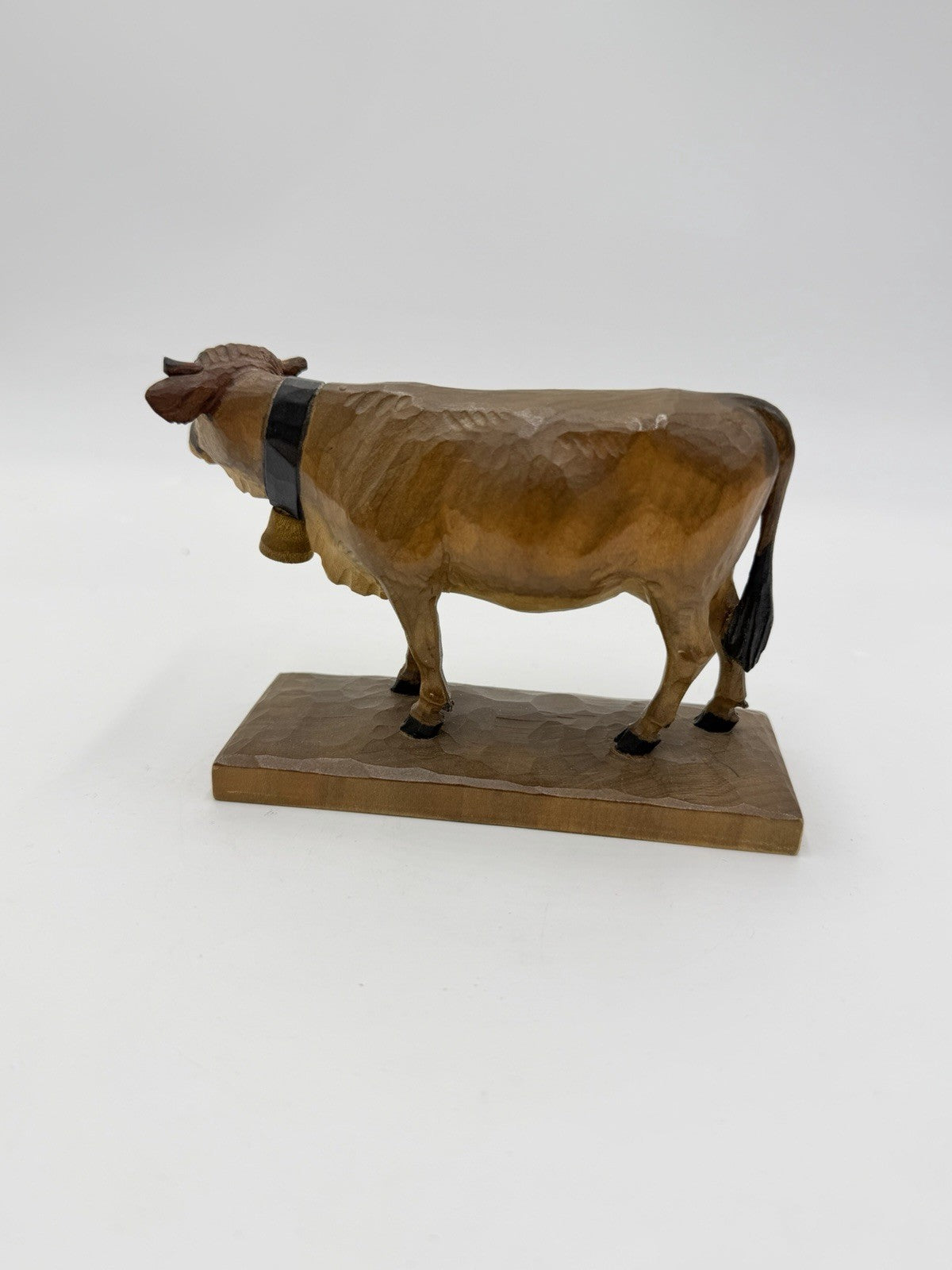 Swiss Folk Art Wood Carving Cow Signed HF Figurine Antique Switzerland 3.5”H X6”