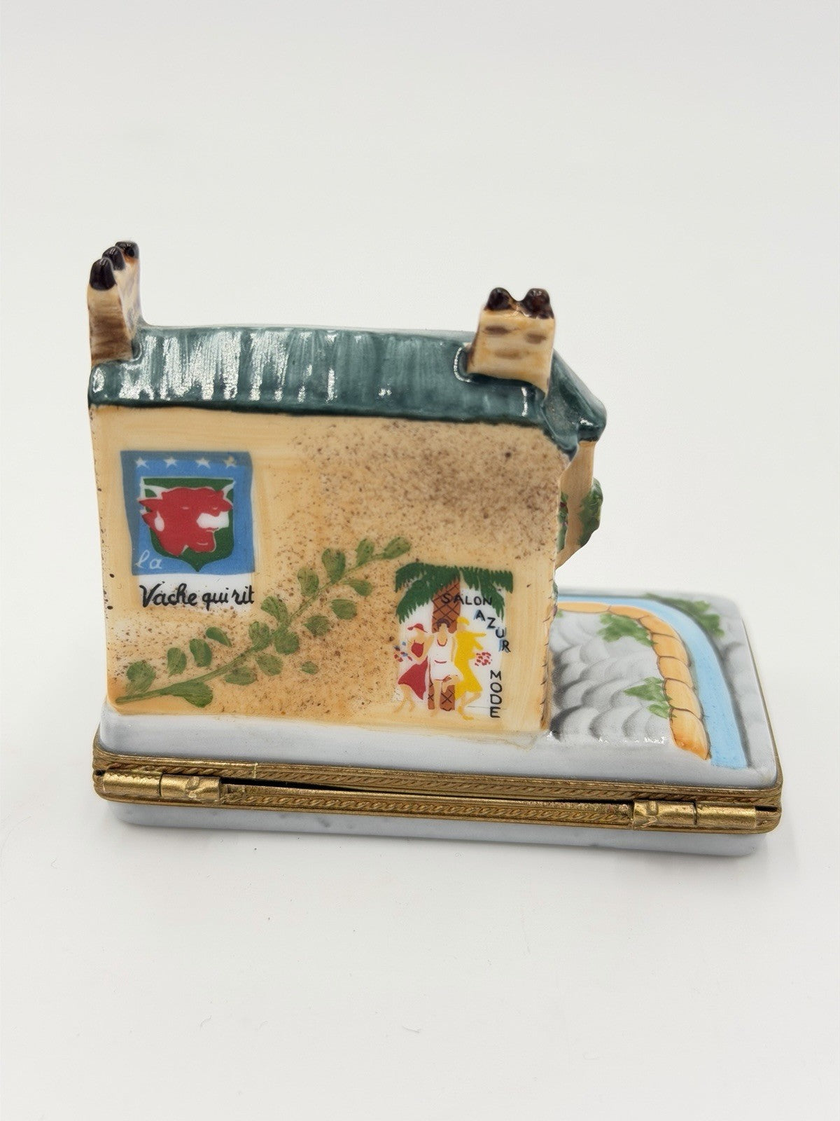 Limoges Porcelain Trinket Box Signed France Paris Street with Shops & Apartments