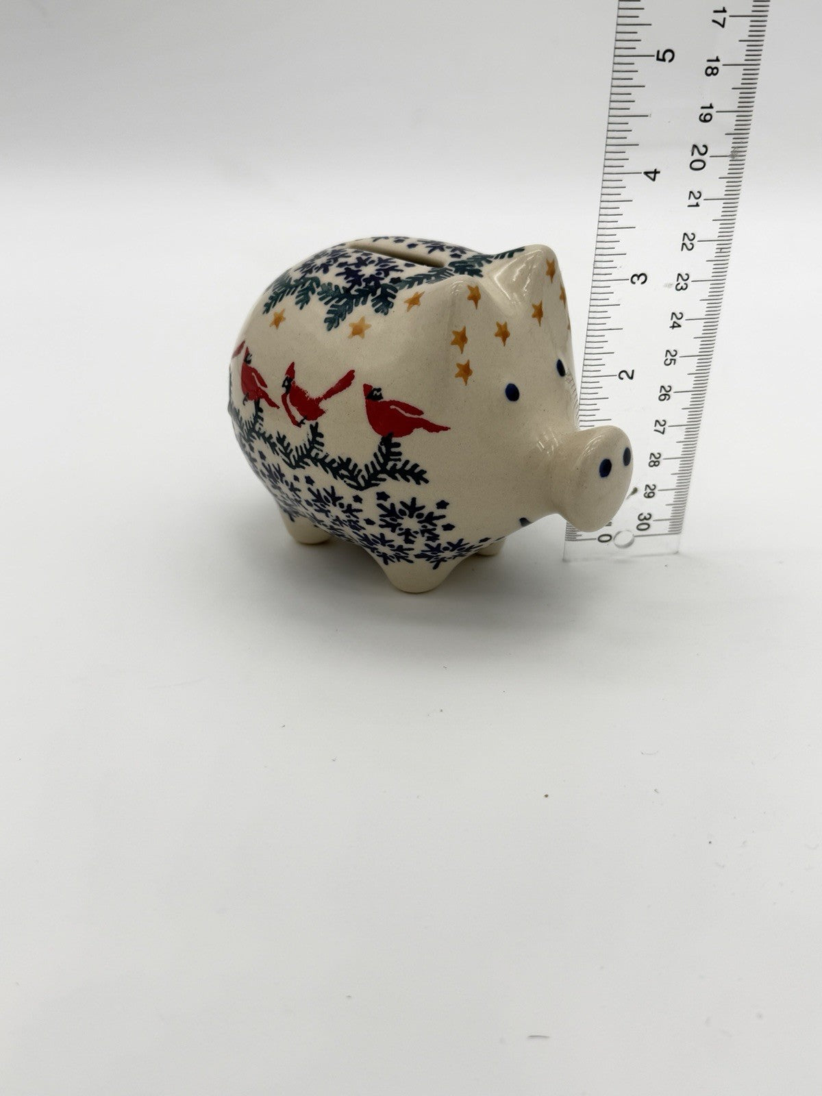 Boleslawiec Polish Art Pottery Hand Painted Cardinal Snow Flakes Piggy Bank
