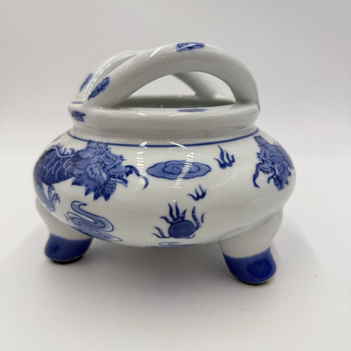 Vtg Quainlong Chinese Incense Burner Bowl Porcelain Marked Dragons Tripod Handle