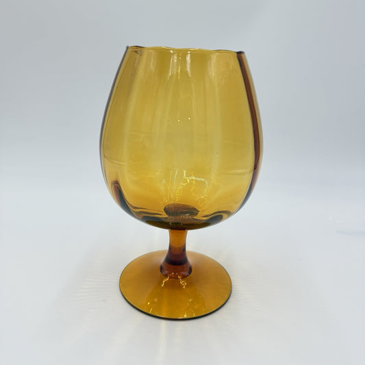 Vintage MCM Empoli Amber Art Glass Ribbed Footed Compote Italy 8in