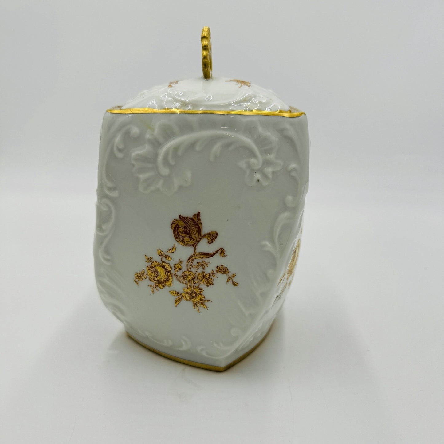 Limoges France Porcelain Floral Gold Painted Biscuit Jar Lidded 7" Twisted Rare
