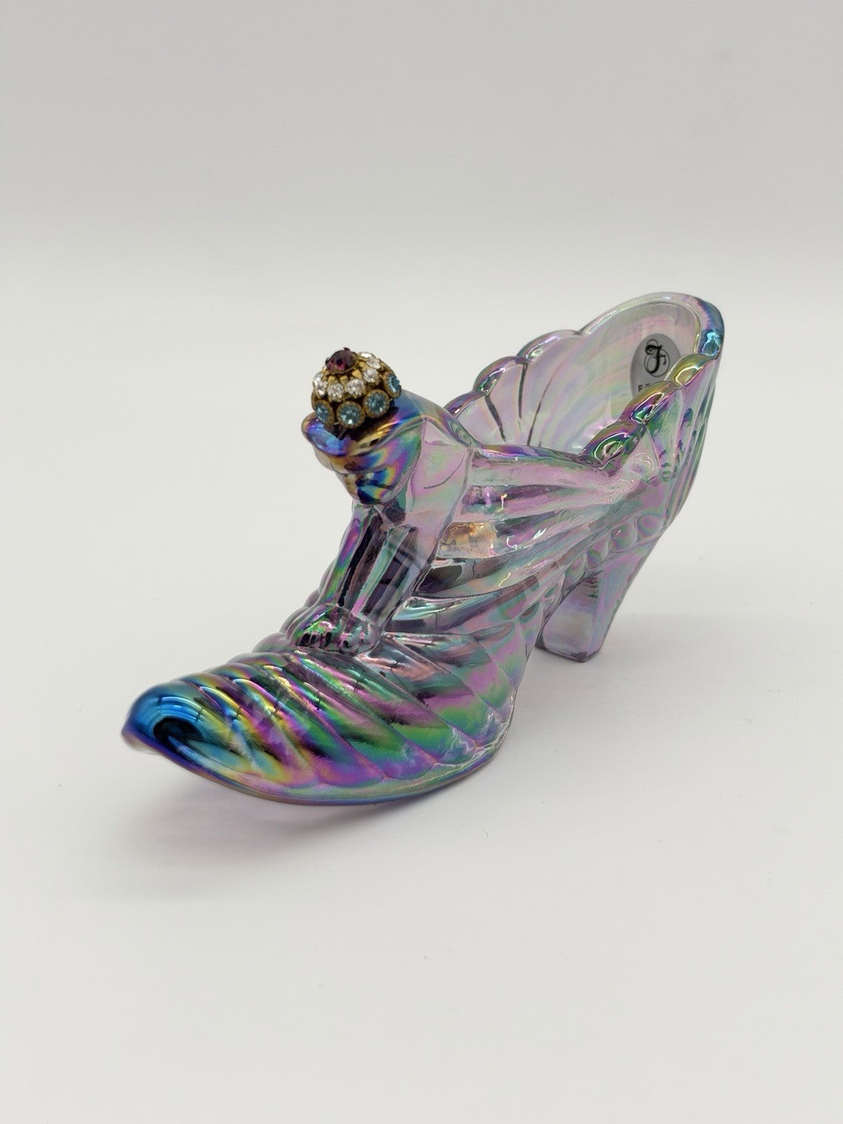 Fenton Carnival Art Glass Amethyst Iridescent Slipper Shoe Cat Head Rhinestone