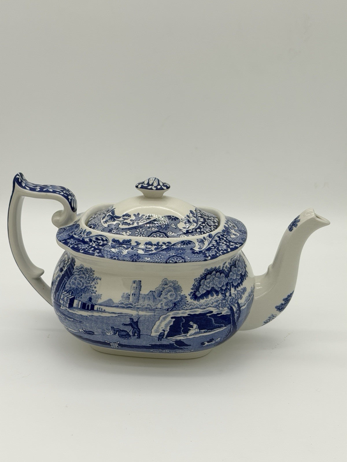 Large Spode England Porcelain Italian Blue & White Teapot 17/A4 Scenic 10”x5”