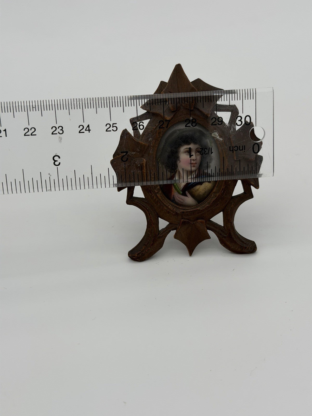 Antique Black Forest Carved Frame Painted Porcelain Young Portrait Miniature 3”H
