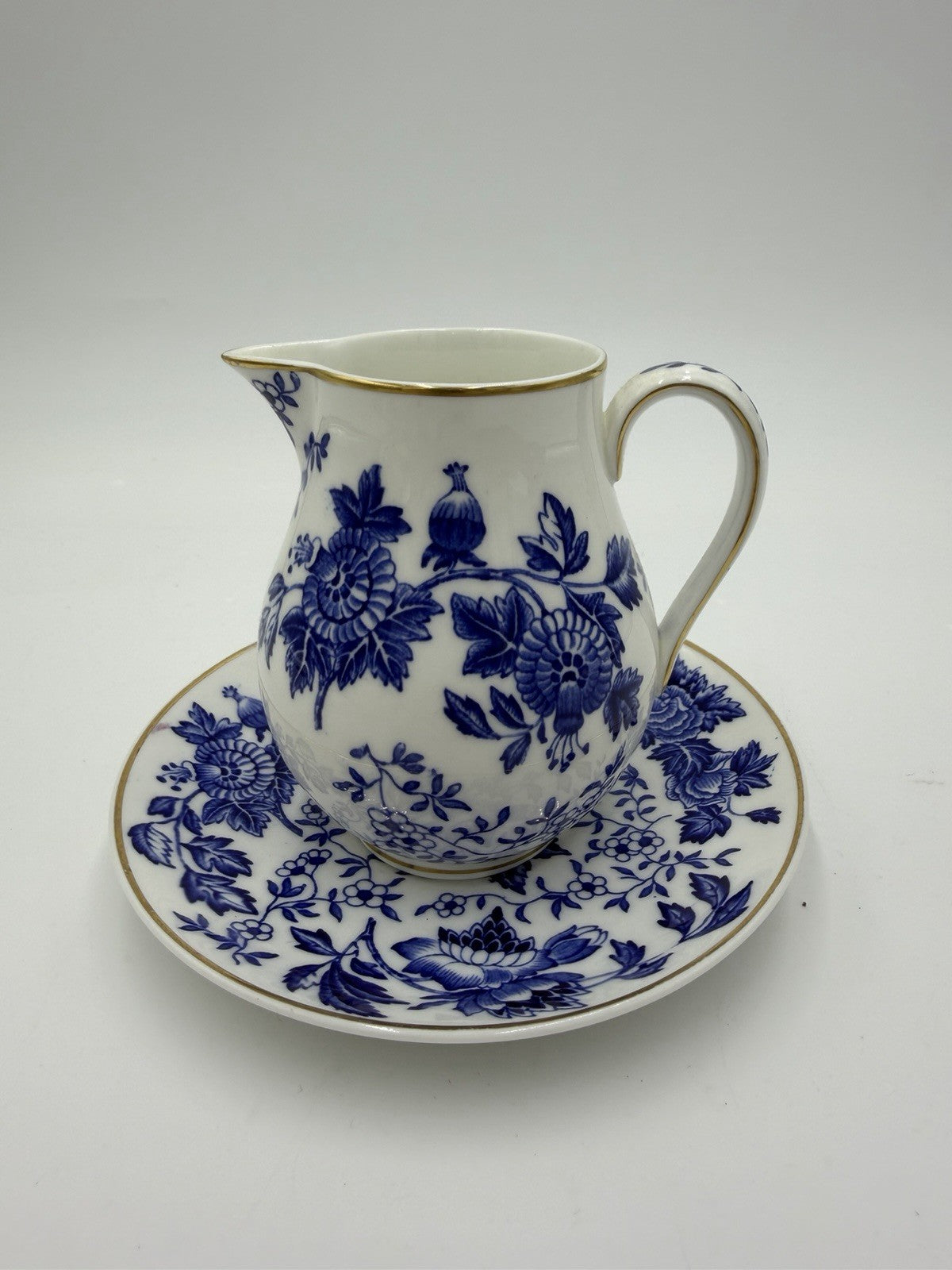 Wedgwood England Porcelain Creamer & Saucer Set Avon Blue/white 1945 Floral