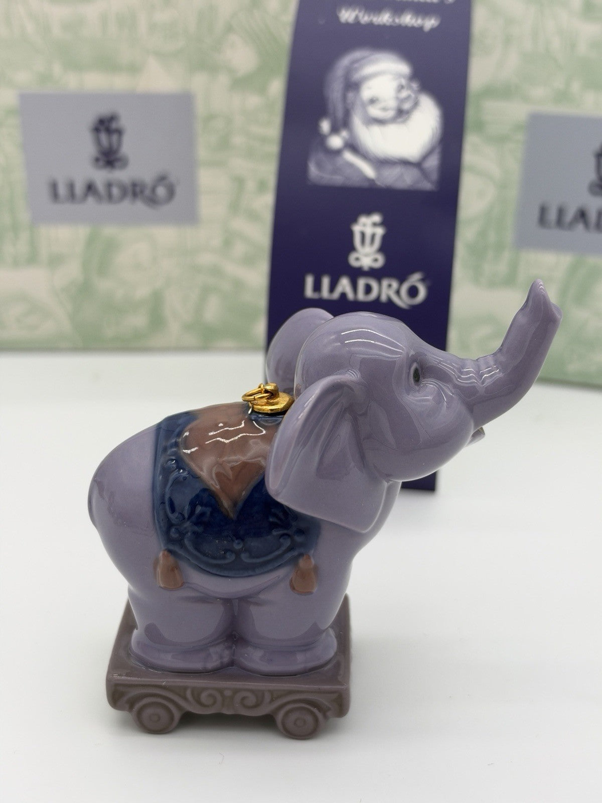 Lladro Spain Porcelain Circus Star Purple Elephant #6388 Christmas Ornament Box