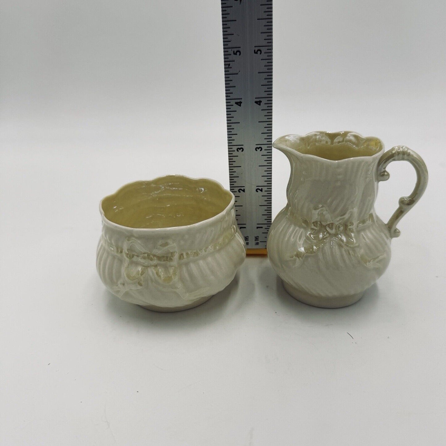 Belleek Yellow Ribbon Lustre Open Sugar & Creamer circa 1965 6th Green Porcelain