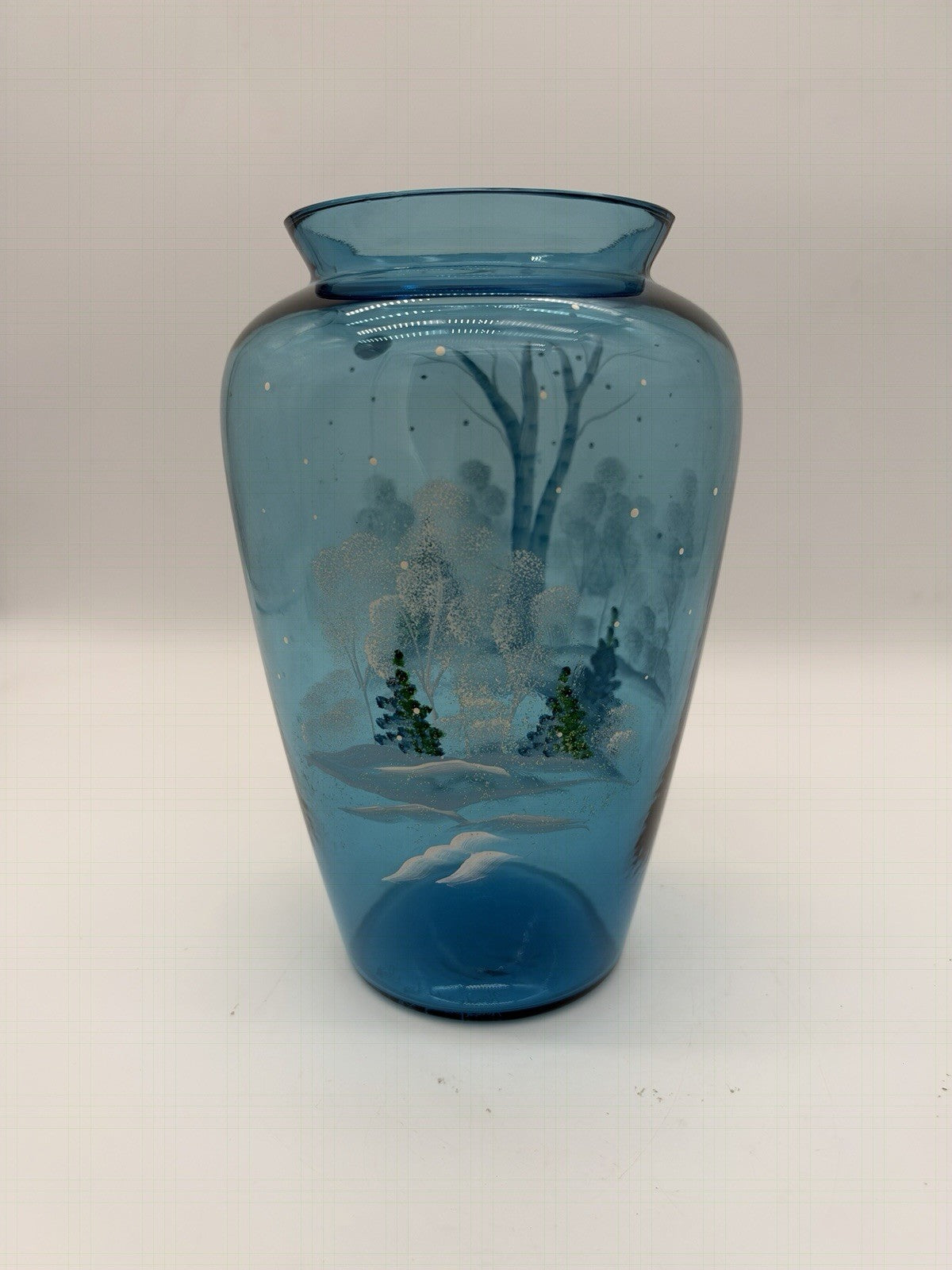 Fenton Art Glass Quality Blue Hand Painted Winter Christmas Scene Vase 8.5”H