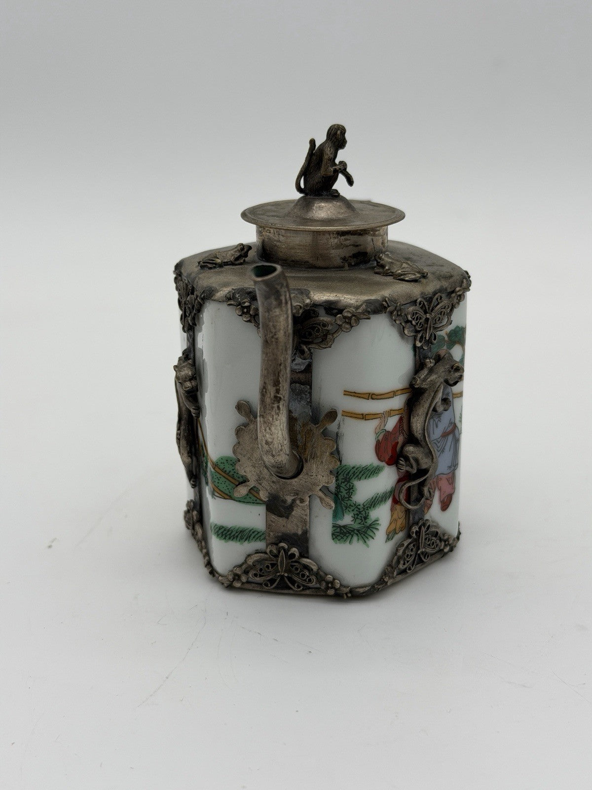 Antique Guangxu reign hexagonal Qing Dynasty Chinese metalwork pewter teapot