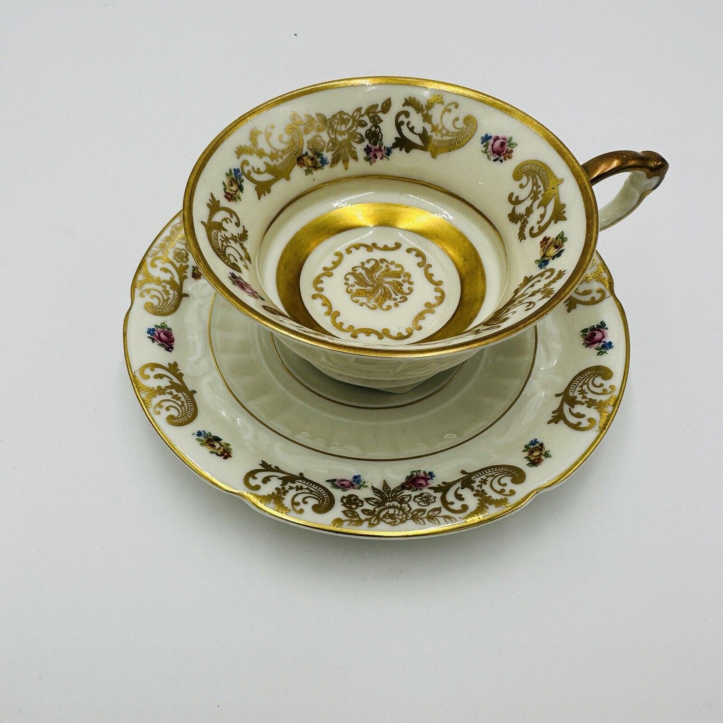 Hertel-Jacob Rehau Teacup Saucer Bavaria Porcelain 9624 Floral Gold Trim German