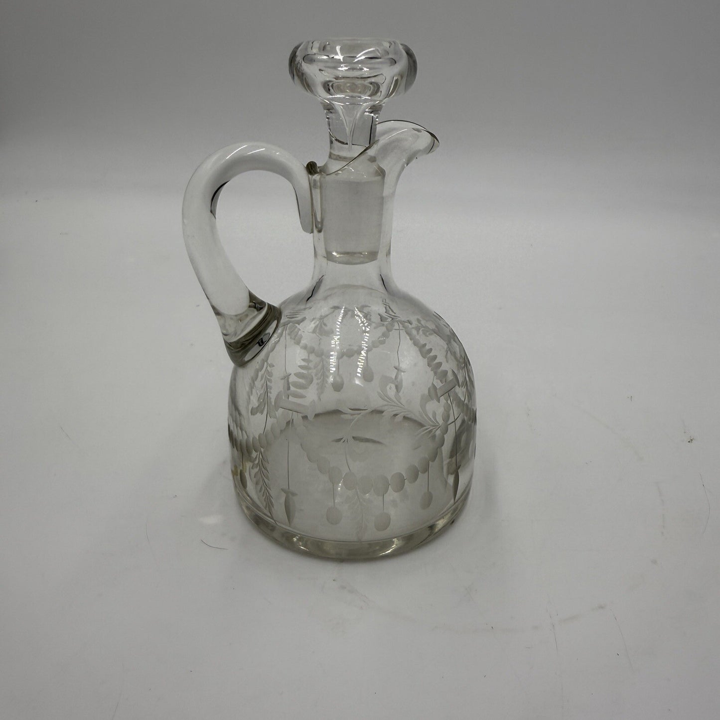 Antique Hawkes Etched Oil & Vinegar pitcher W/ Glass Stopper Rare Signed 5.5in