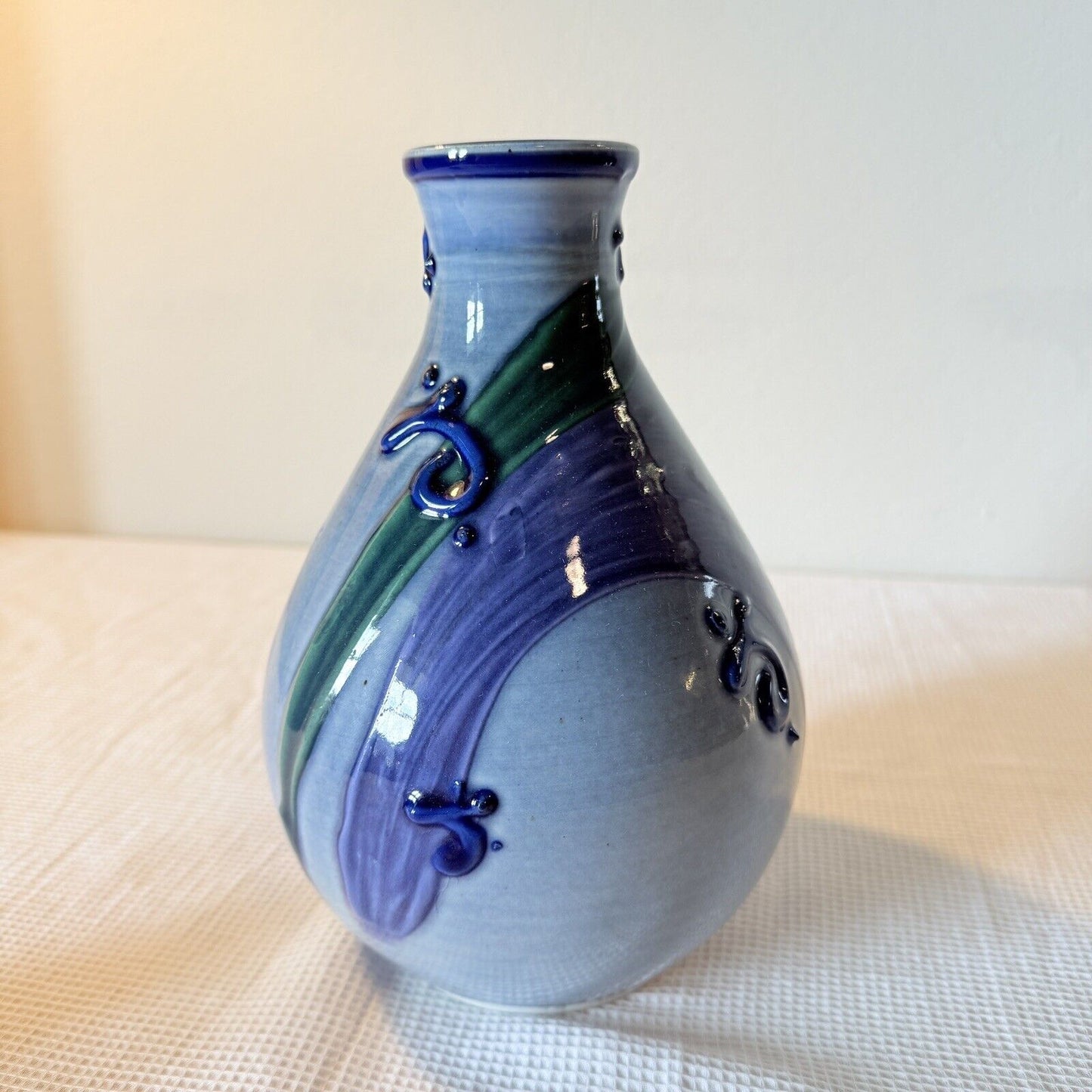 Studio Pottery Flower Vase Blue Purple Drip Ceramic Signed 8in H Swirls Leaf