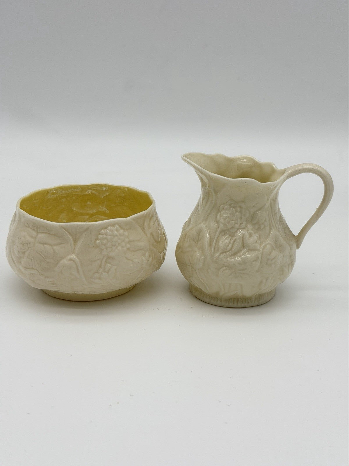 Belleek Ireland porcelain Lotus pattern creamer and open sugar bowl set Vintage