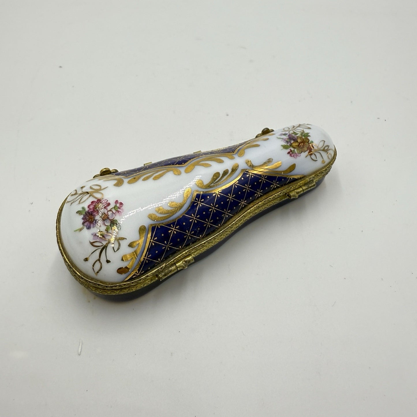 Museum Of Jewelry Porcelain Cobalt Floral Miniature Violin Case Trinket Box