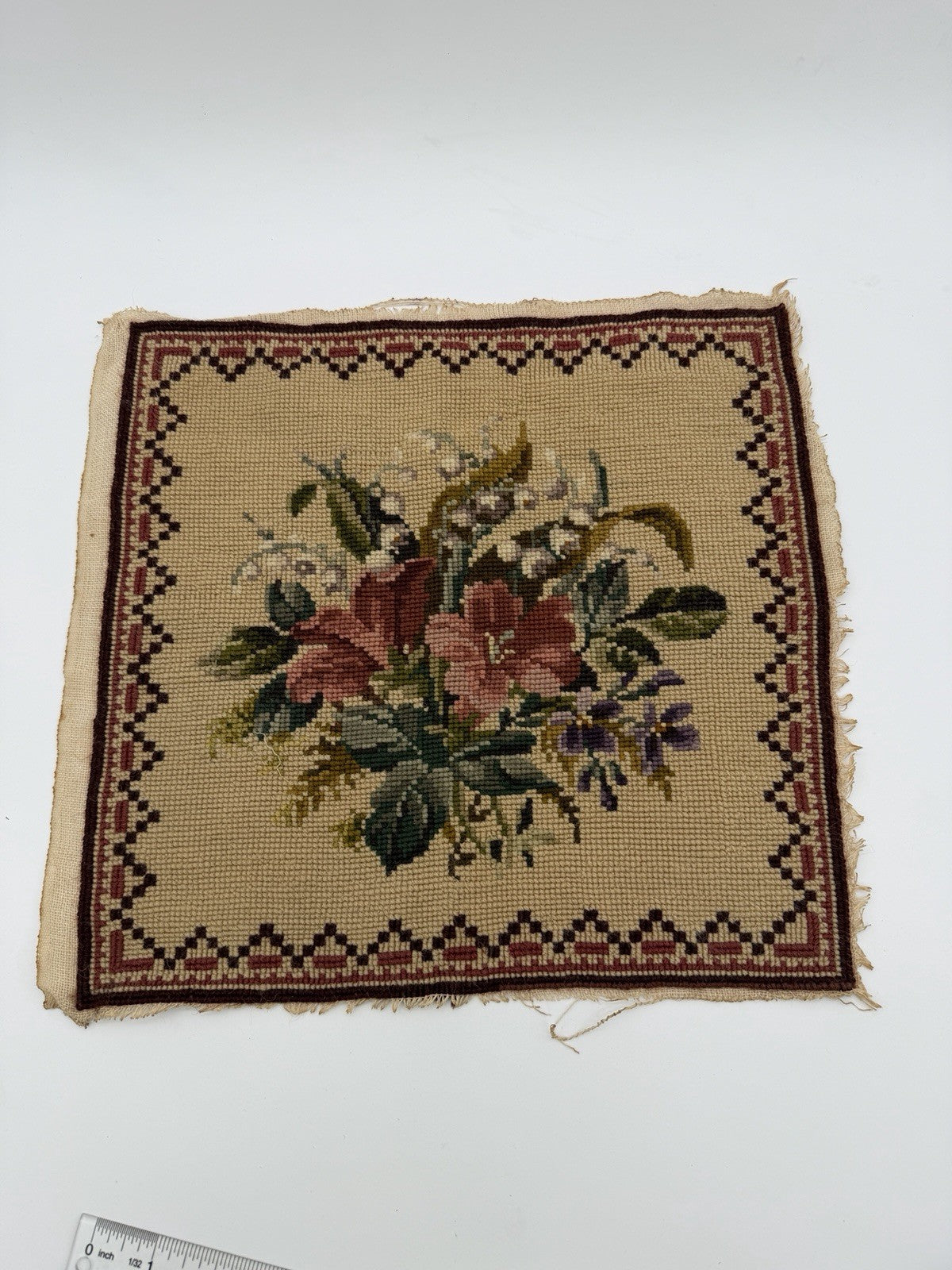 Antique Needlepoint Embroidery Victorian Roses Wool Embroidery panel top 12”x12”