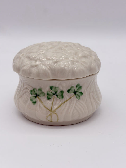 Belleek Ireland Porcelain Daisy Shamrock Lidded Trinket Box Embossed Vintage 3”