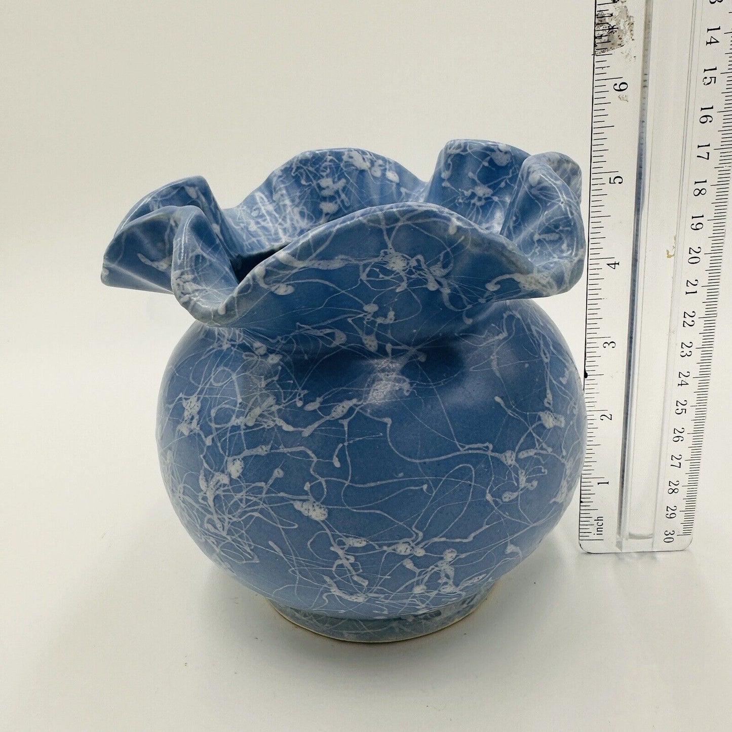 Shawnee Vase Studio Potter  Ruffle Blue Glaze Splatter Drizzle 5.5 in Home Decor