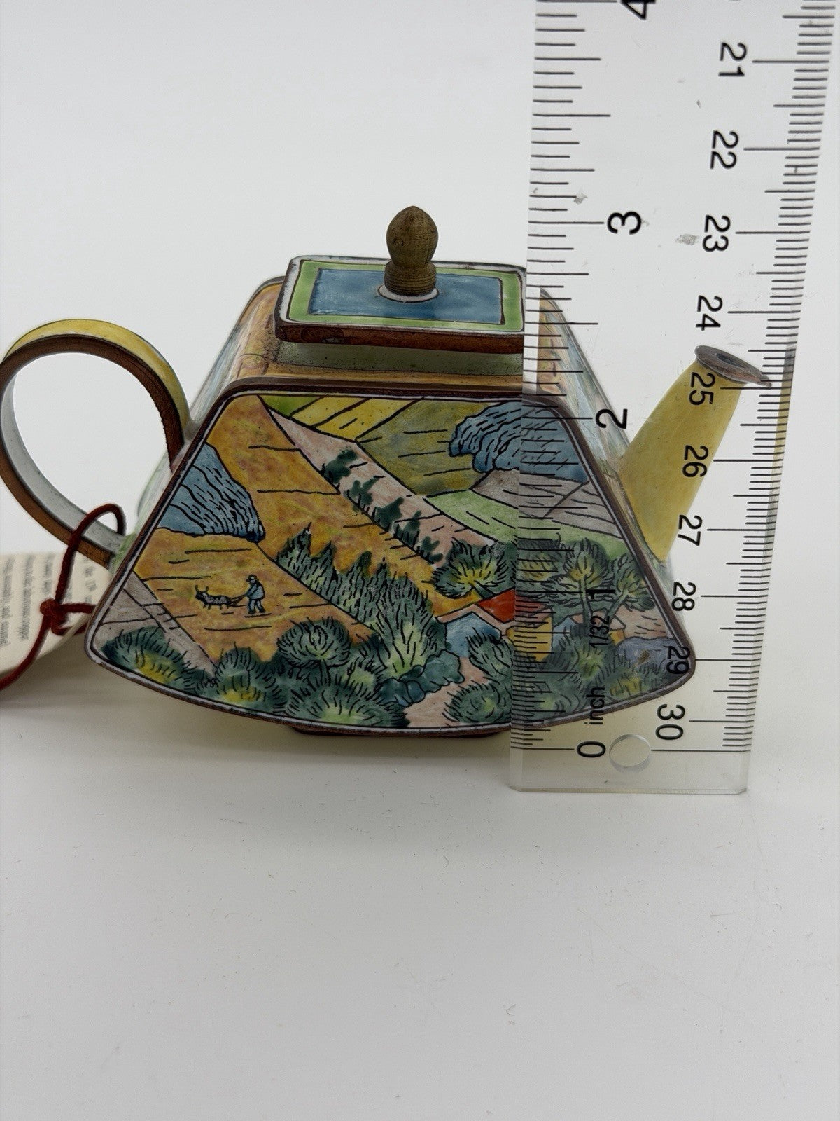 Kevin Chen Hand Painted LANDSCAPE W/ PLOUGHMAN ENAMEL #382 Miniature Teapot COA