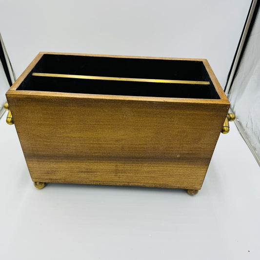 Magazine Holder Brass Handles Vintage Solid Wood Hollywood Regency Storage Decor