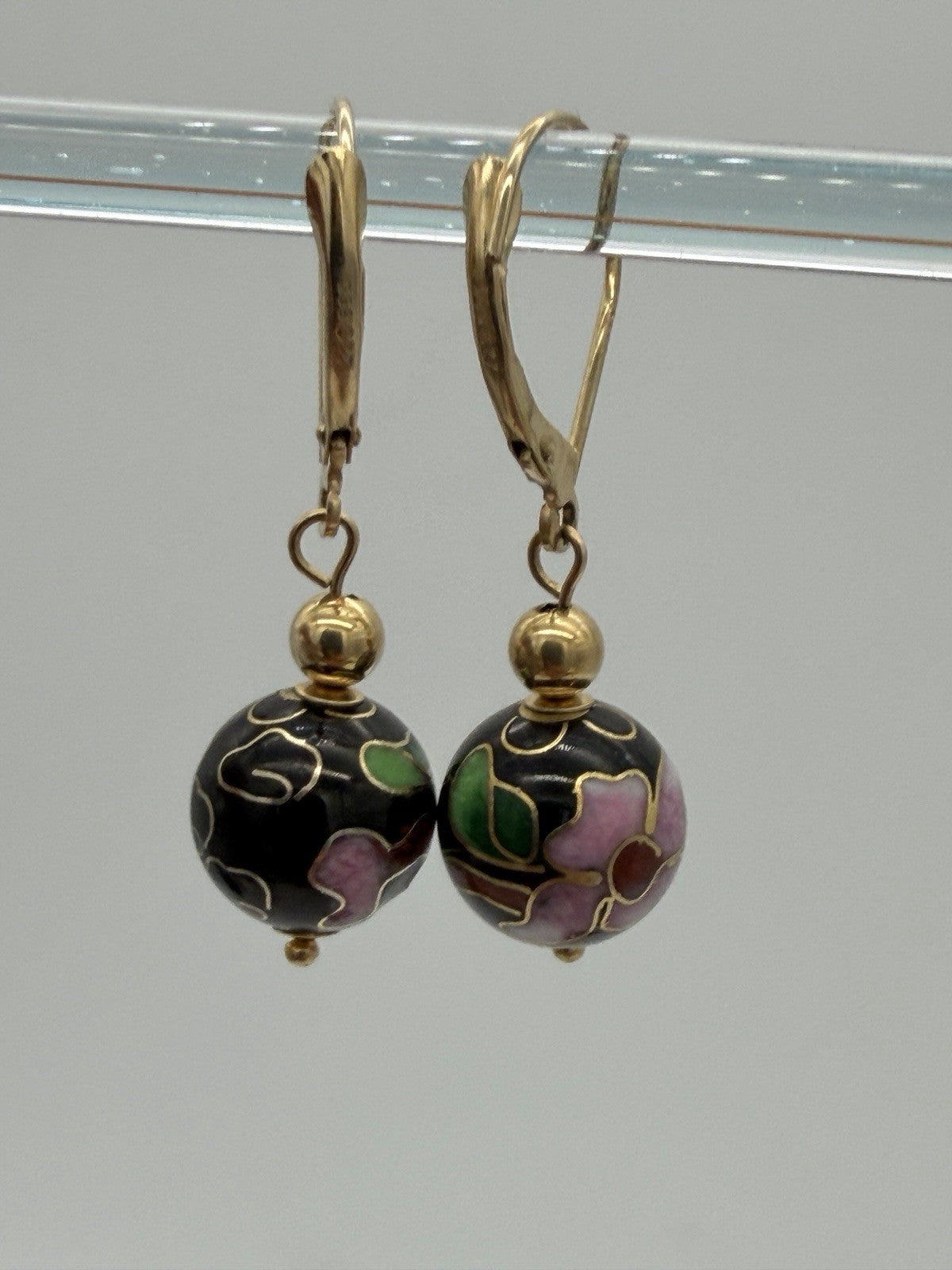 Vtg Pair of Earrings 14K Gold Cloisonne Flower Ball Drop Dangle Signed ZZ 585