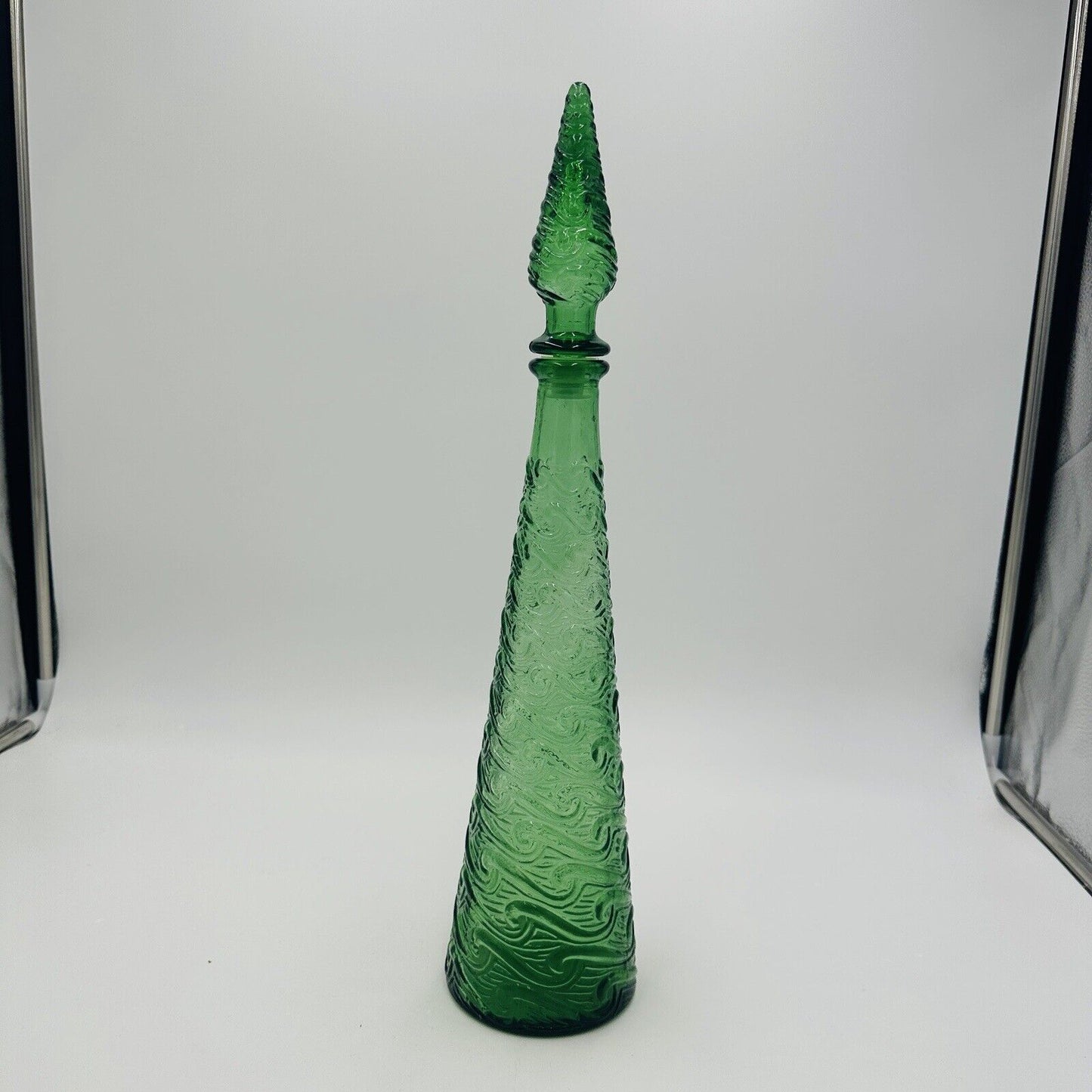 Empoli Glass Decanter Green Wave Italy Stopper 18in H Vintage Mid Century Modern