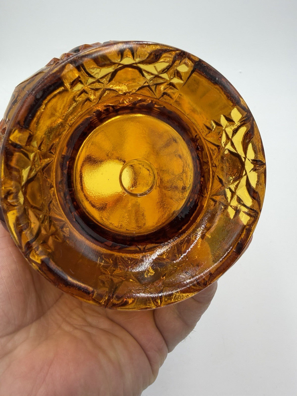 Vintage Indiana Art Glass Amber Stars & Bars Fairy Lamp Candle Holder Votive 7”