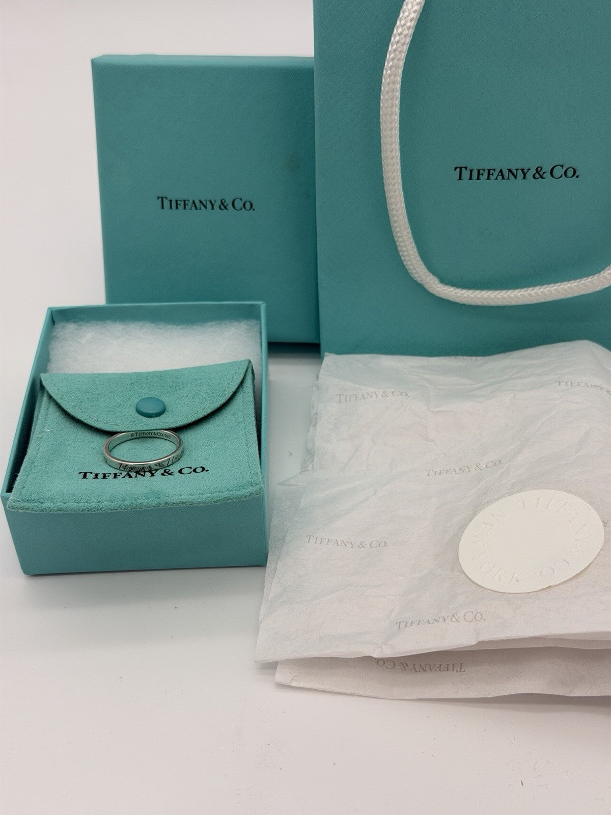 Tiffany &Co Sterling Silver I Love You Notes Narrow Band Ring Box/pouch Size 9