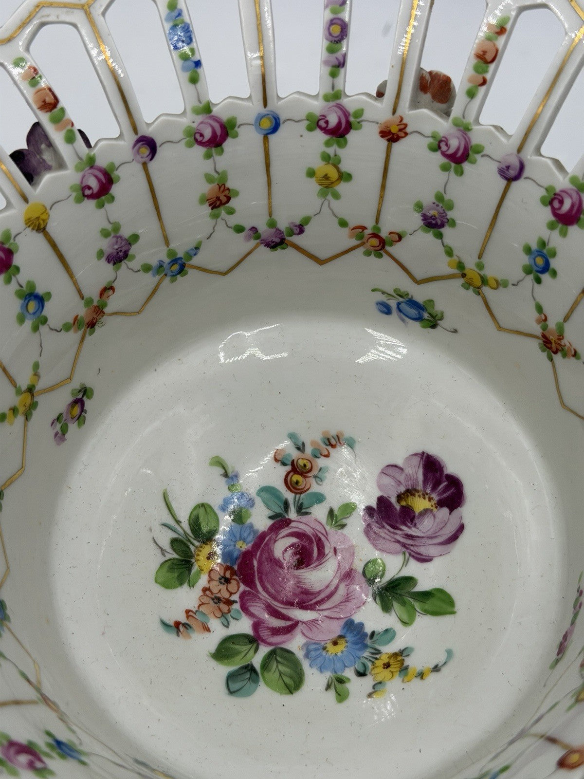 Antique Dresden Porcelain GermanyReticulated Pedestal Bowl W/ Encrusted Flowers