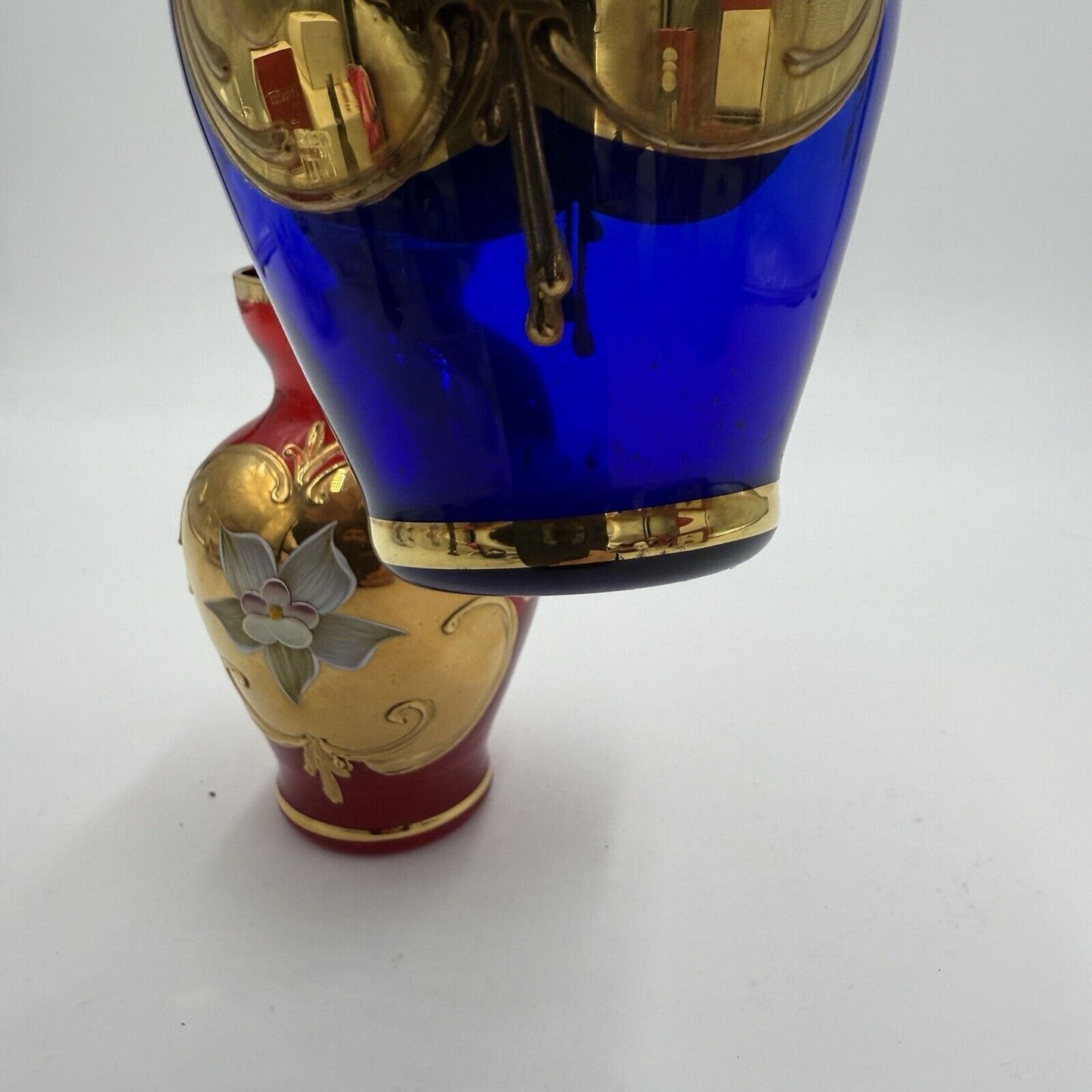 Vintage Murano Art Glass Vecchia Italy Ruby & Cobalt Gold Mini Vases 4.5” Set 2