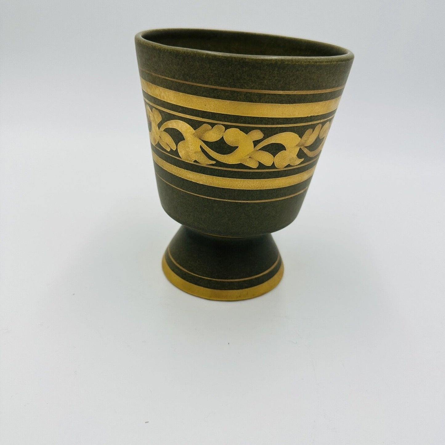 Vee Jackson Vase California Pottery Footed Planter Green Gold Trim MCM