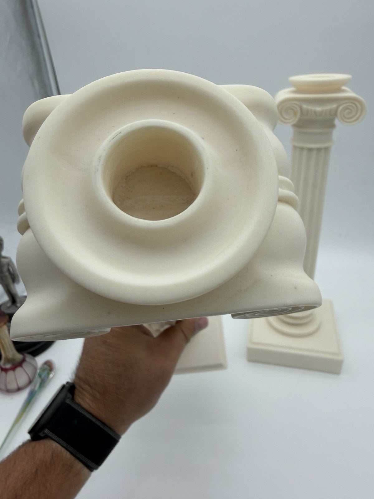2 Alabaster Carved Roman Columns Corinthian  Sculpture Candle Holders 15.5”x5”