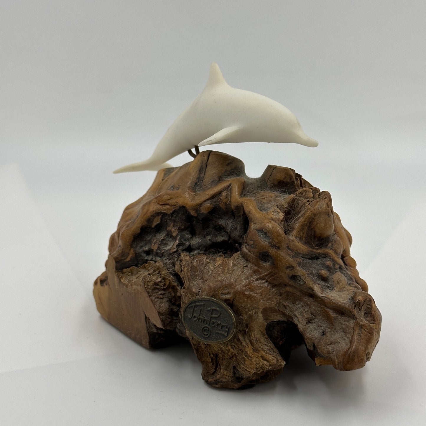 John Perry Dolphin Figure Pellucita Manzanita Wood Marked Ocean Sculpture Statue