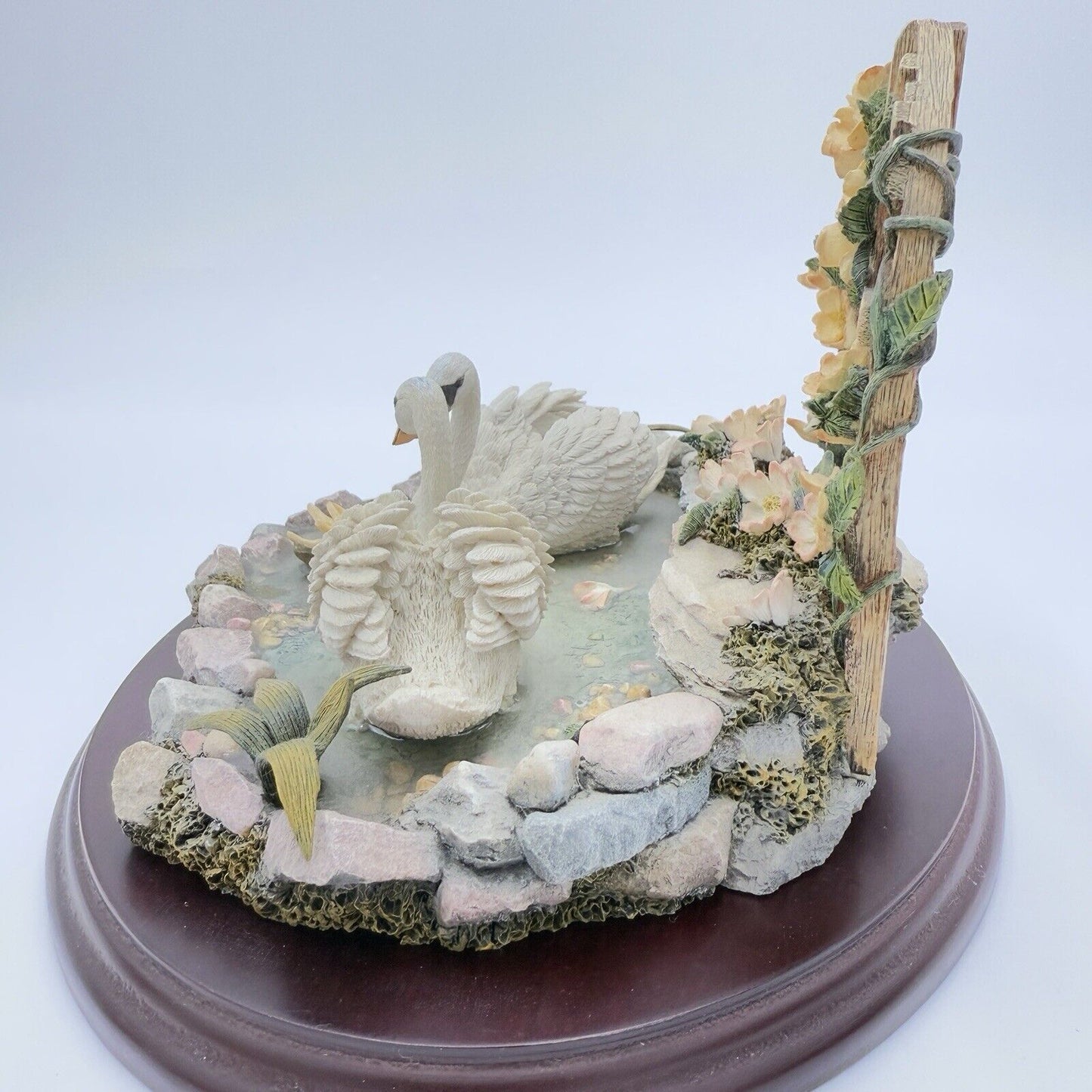 LENOX Rose Arbor Pond Swans sculpture Wood Base Figurine Resin