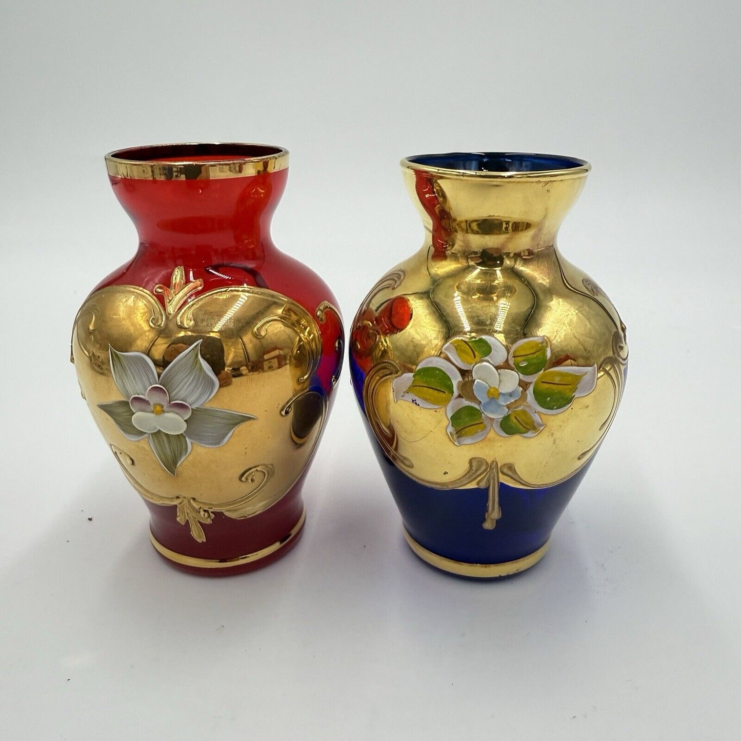 Vintage Murano Art Glass Vecchia Italy Ruby & Cobalt Gold Mini Vases 4.5” Set 2