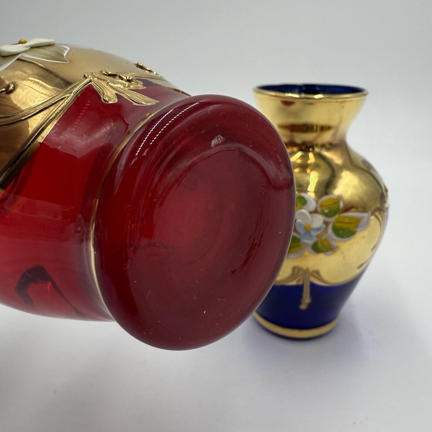 Vintage Murano Art Glass Vecchia Italy Ruby & Cobalt Gold Mini Vases 4.5” Set 2