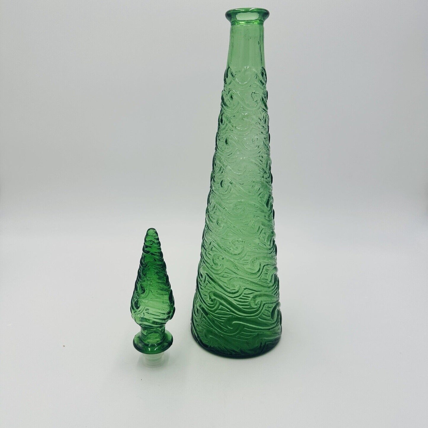 Empoli Glass Decanter Green Wave Italy Stopper 18in H Vintage Mid Century Modern