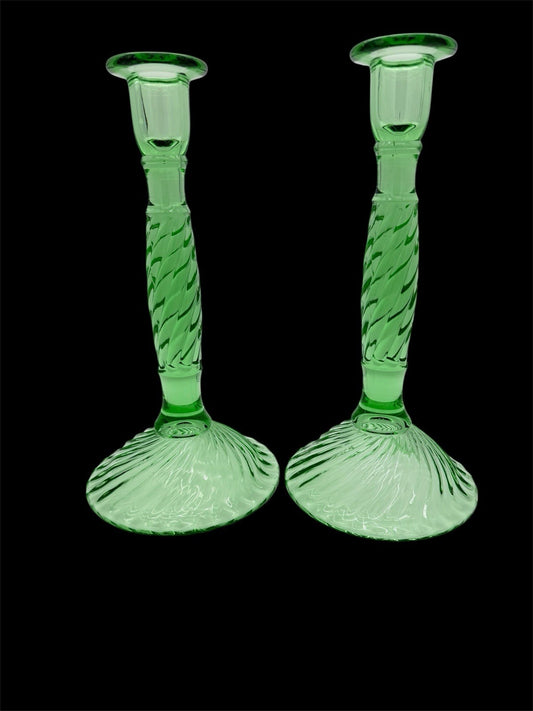 Antique EAPG art glass Swirl Early American Pressed Green mint candlesticks