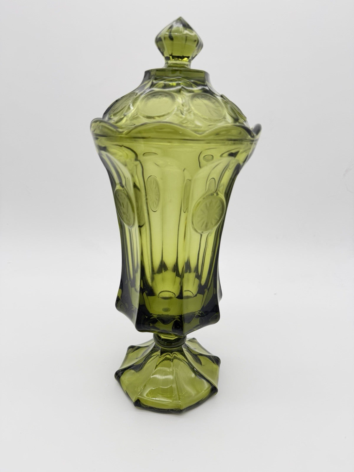 Fostoria Art Glass Embossed Coin 13”H olive Green Compote Lidded Urn Vase