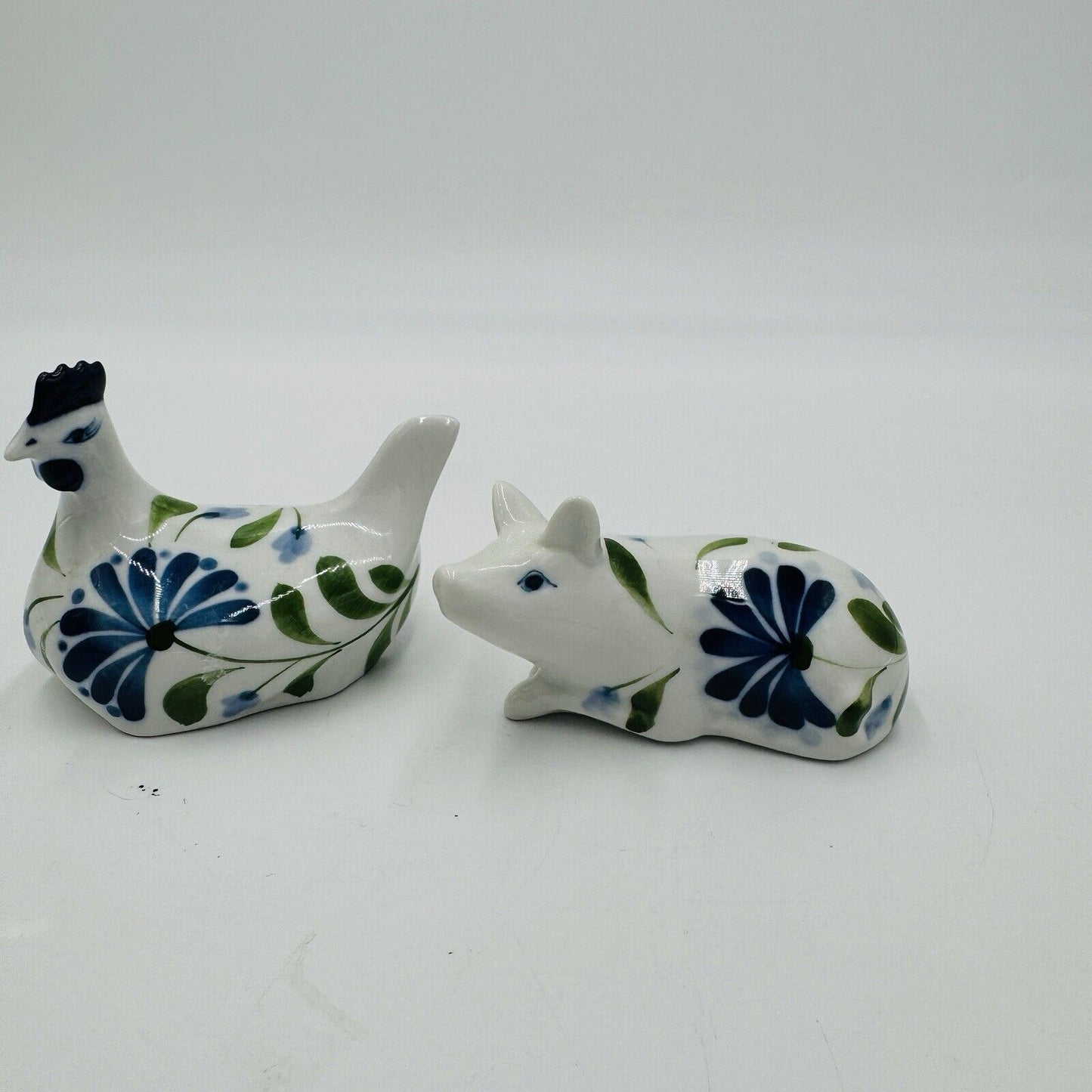 Dansk Porcelain Sage Song  Blue White Green Ceramic Pig & Chicken Figurines