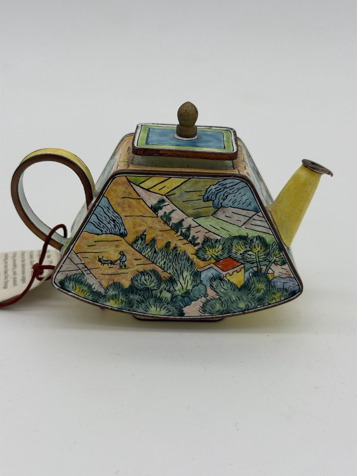 Kevin Chen Hand Painted LANDSCAPE W/ PLOUGHMAN ENAMEL #382 Miniature Teapot COA