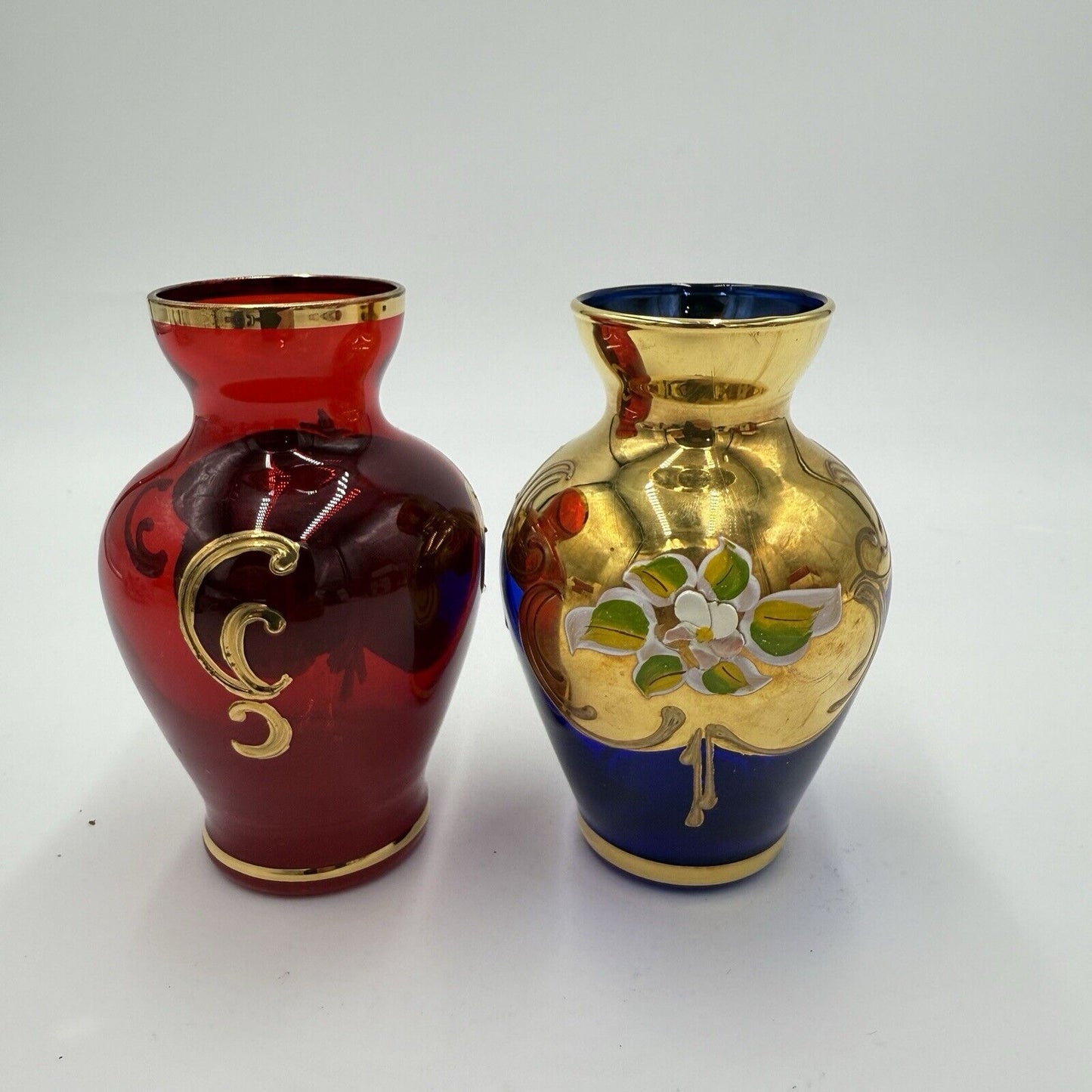 Vintage Murano Art Glass Vecchia Italy Ruby & Cobalt Gold Mini Vases 4.5” Set 2