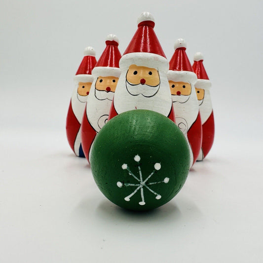 Bowling Pins Ball Santa Claus Wooden Christmas Decor Vintage Hand Painted Set