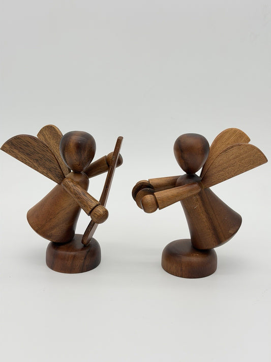 MCM Folk Art Wooden Fairy Angels Musician Figurines Playing Violin Cymbal