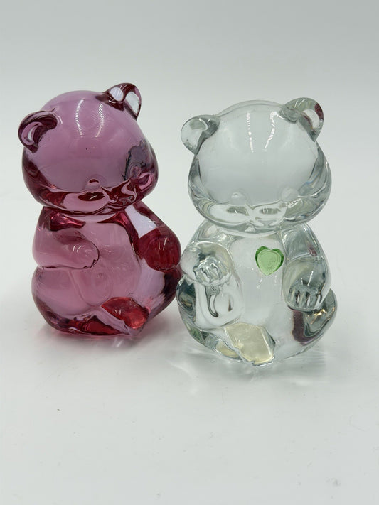 Fenton Art Glass Miniature Pink Rose & Clear Glass Bear 2.75" Figurines Vintage
