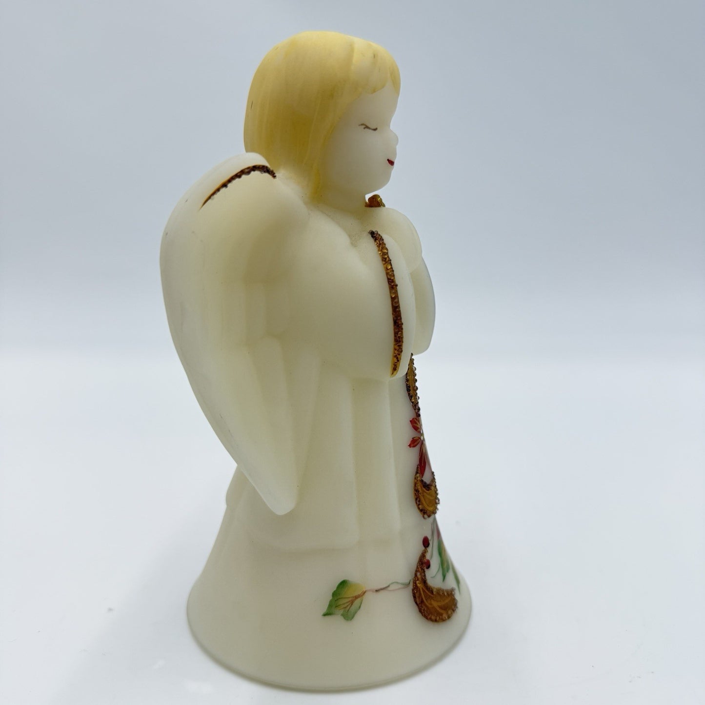 Fenton Art Glass Opal Satin Poinsettia Angel Bell Gold Bird Accents Hand Painted