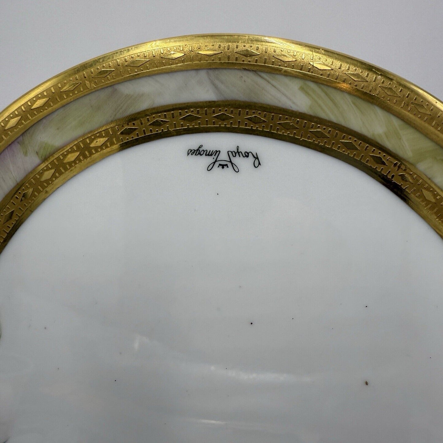 Royal Limoges France Painted Oval Floral Plaque Pink Gold Rim 12”x9” Porcelain